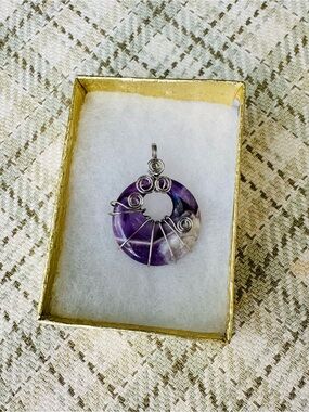 Purple Amethyst Donut Pendant Necklace - Silver Wire Wrap